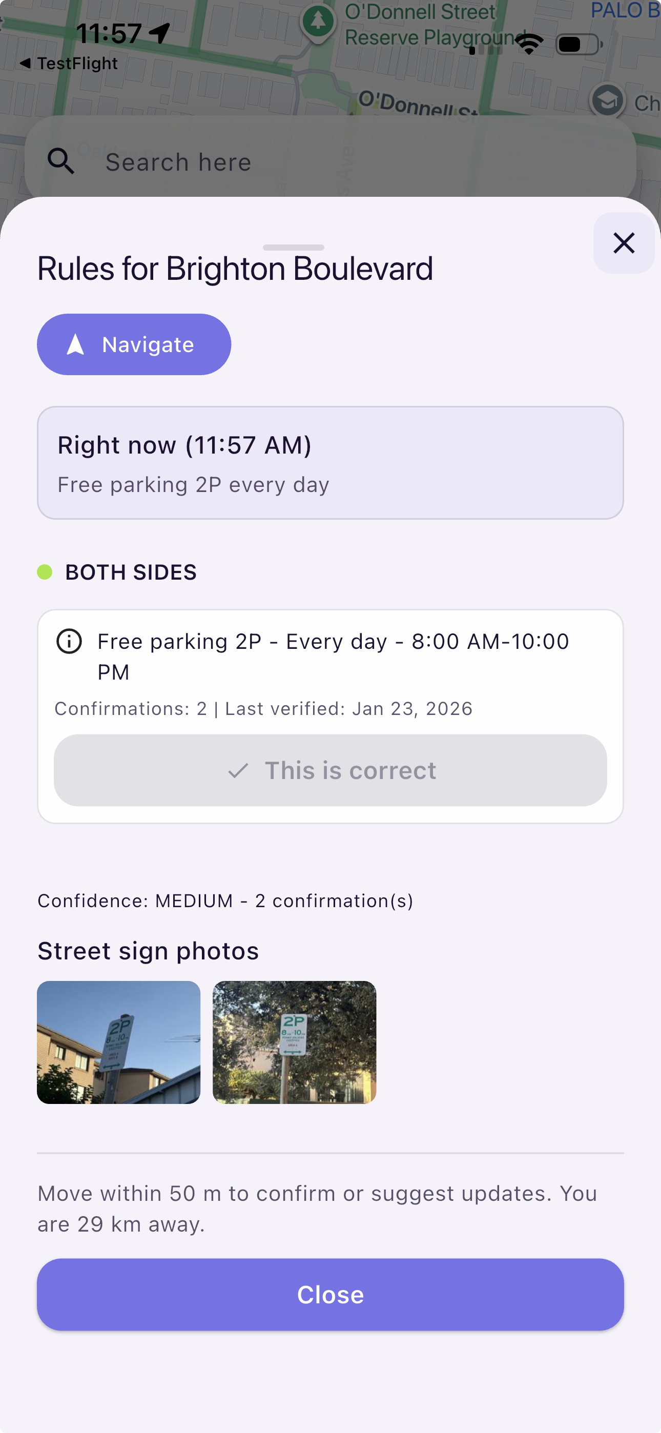 Premo app showing parking rule details and confirmations